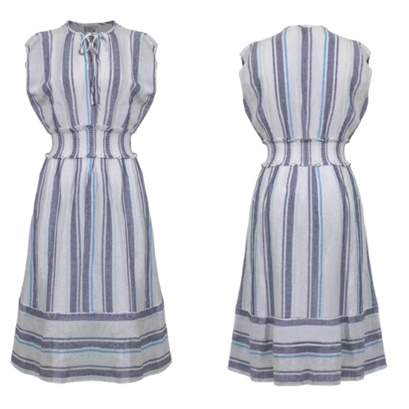 Rails Ashlyn Aegean Blue & White Striped Linen Blend Tie Neck Midi Dress - XS - Picture 5 of 16